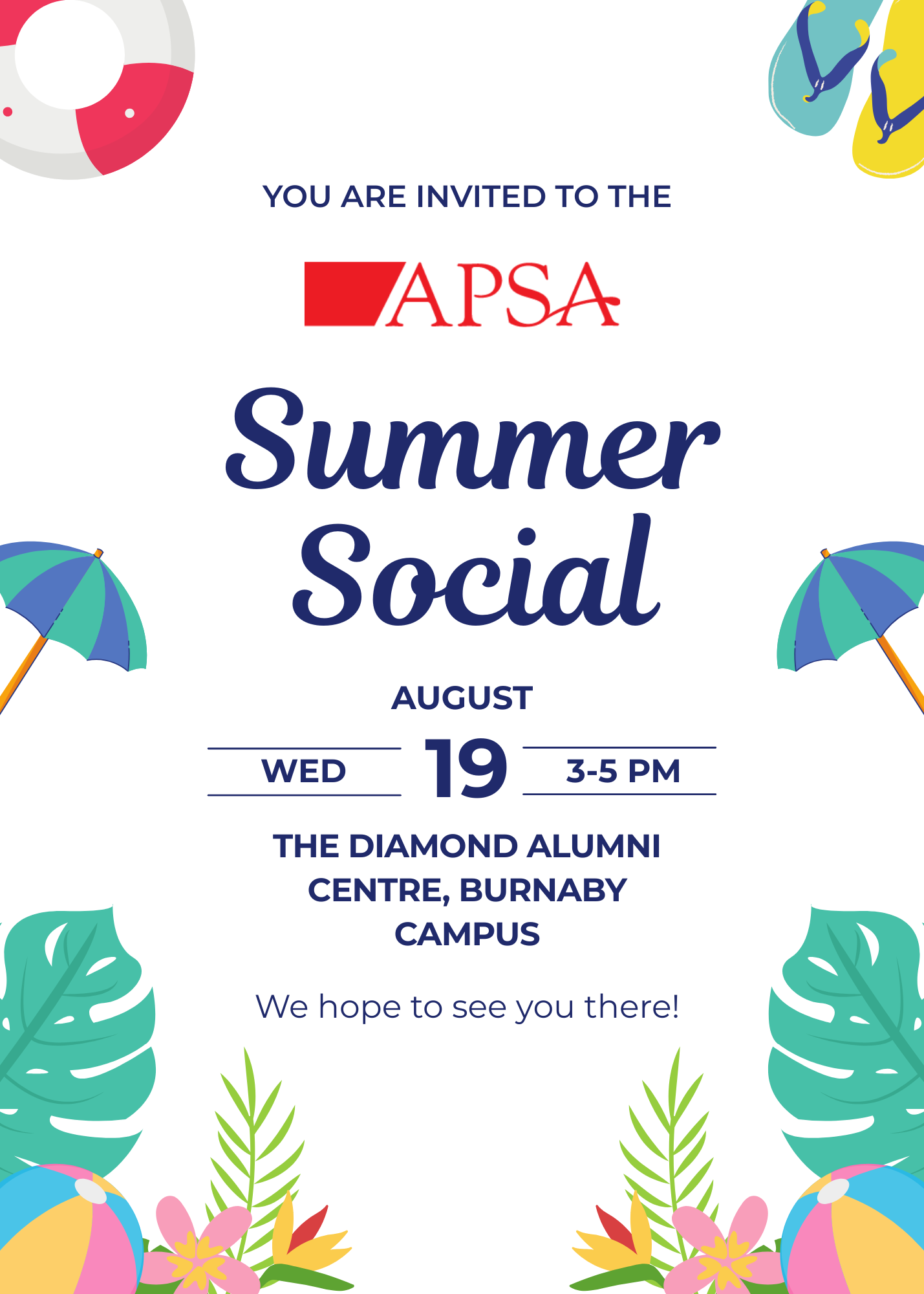 Summer Social Wednesday August 19, 2026 from 3-5 p.m. at the Diamond Alumni Centre, Burnaby